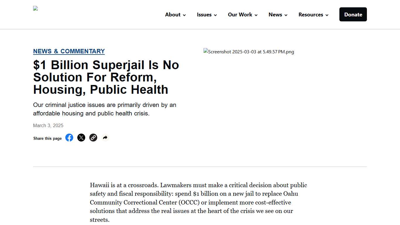 $1 Billion Superjail Is No Solution For Reform, Housing, Public Health - ACLU of Hawaii