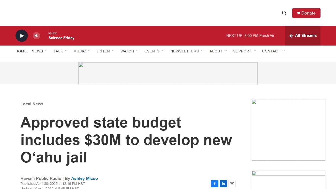 Approved state budget includes $30M to develop new Oʻahu jail Hawai'i Public Radio