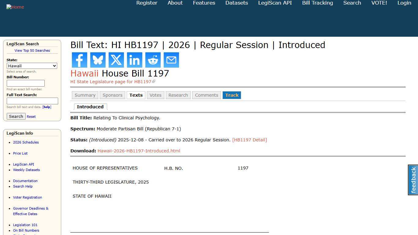 Bill Text: HI HB1197 2026 Regular Session Introduced LegiScan